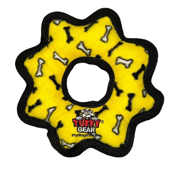 New Tuffy Gear Bone Ring Yellow Black 4 Squeakers 10" Dog Toy Play - Picture 1 of 6